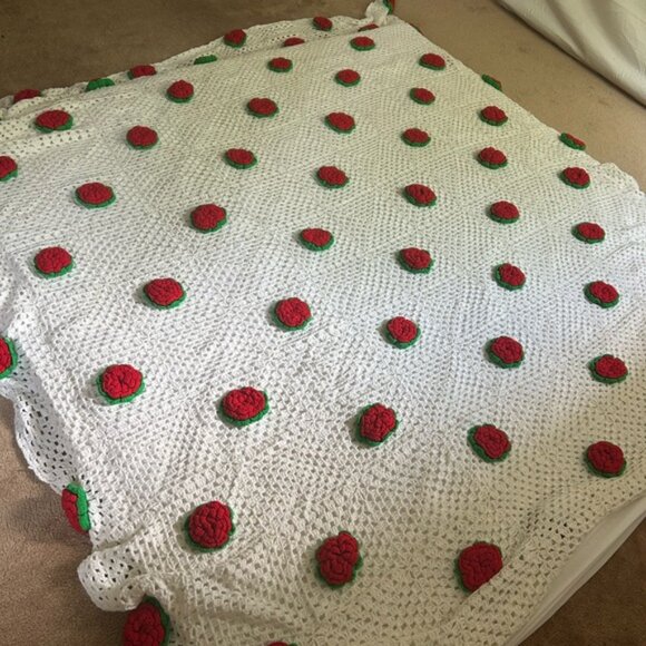 Vintage Boho Crochet Blanket with Red and Green Floral Rose Accents 104 inchX93 - Picture 12 of 16
